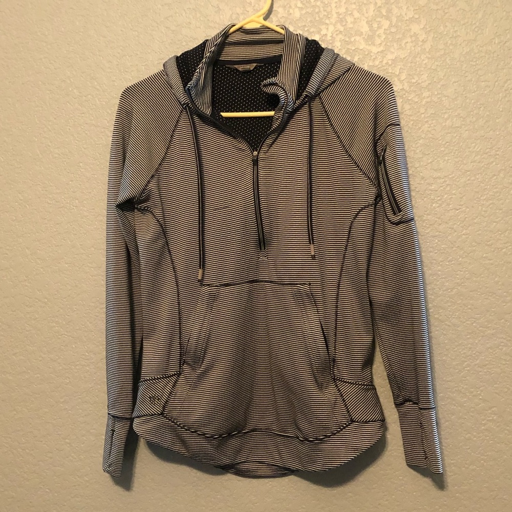 Athleta Black and White Striped Hooded Pullover Sweater